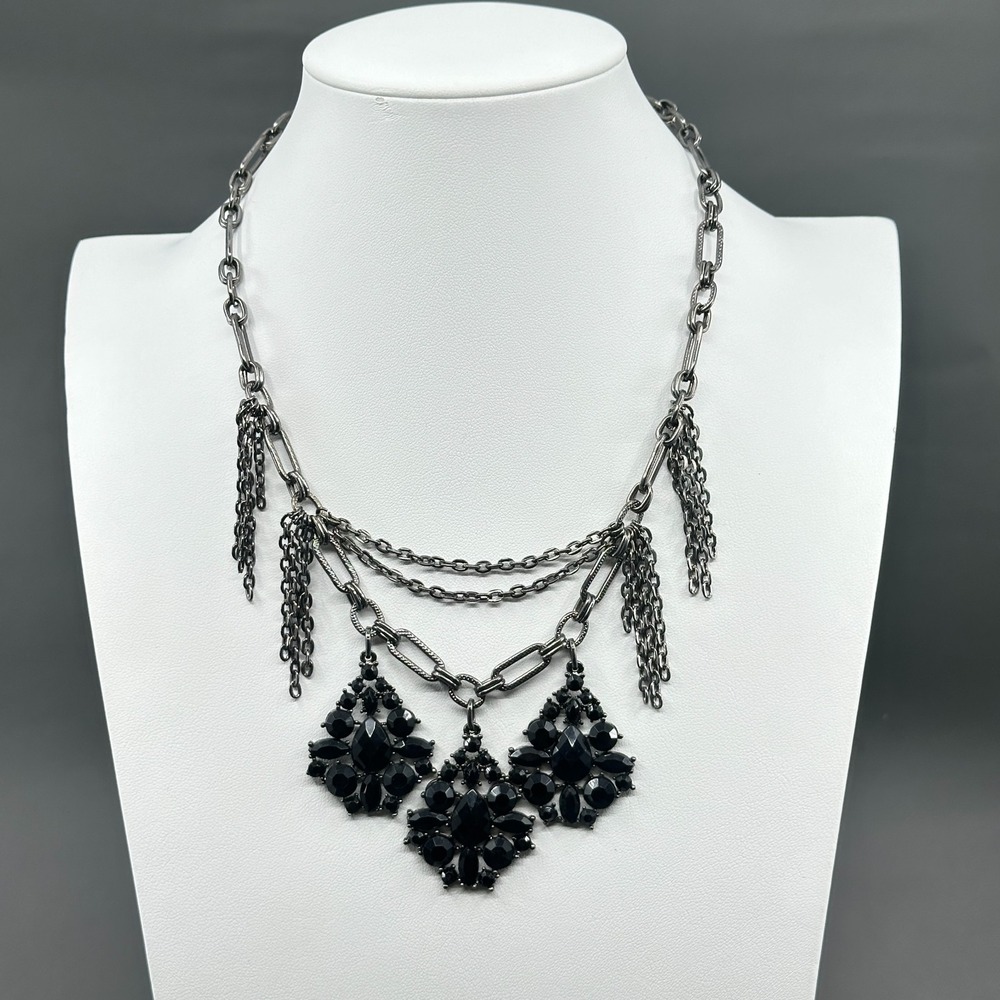 Black Rhinestone Chain Necklace Layered Gothic Statement Tassel Vintage Jewelry